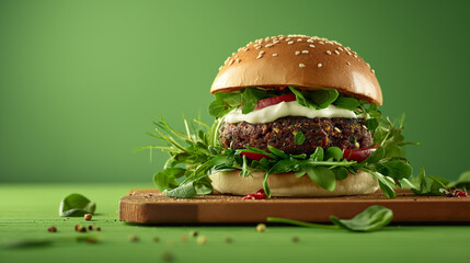 Vegan burger with spinach patty, fresh green salad and yogurt sauce served on a cutting board on a bright green background