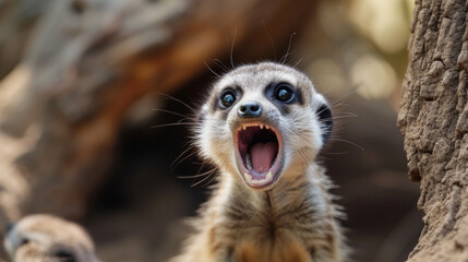 Fototapeta premium meerkat looking up. funny suracat make faces, laugh, make faces. Comical animal making a funny face that's impossible not to chuckle at. Funny smiling giraffe party animal making a silly face looking 