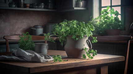 Oregano plant placed in a rustic kitchen setting.