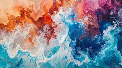 A hypnotic choreography of vibrant waves, fluid colors colliding in an intricate dance, creating an awe-inspiring abstract panorama. - obrazy, fototapety, plakaty