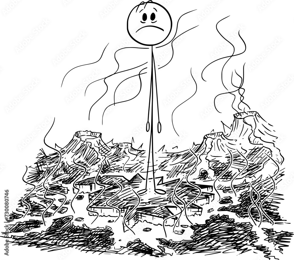 Sticker Alone Person Trapped in Hot Lava, Vector Cartoon Stick Figure Illustration