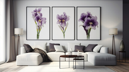 Iris floral arrangement placed in a sleek and modern interior setting. 