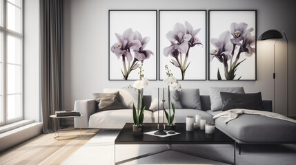 Iris floral arrangement placed in a sleek and modern interior setting. 