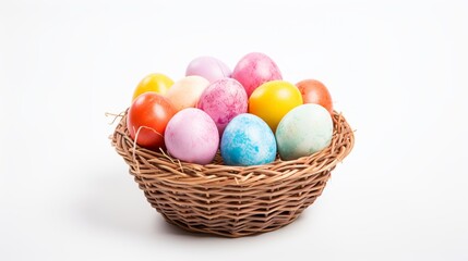 Fototapeta na wymiar Painted easter eggs in a small basket isolated on white background.