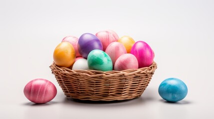 Painted easter eggs in a small basket isolated on white background.
