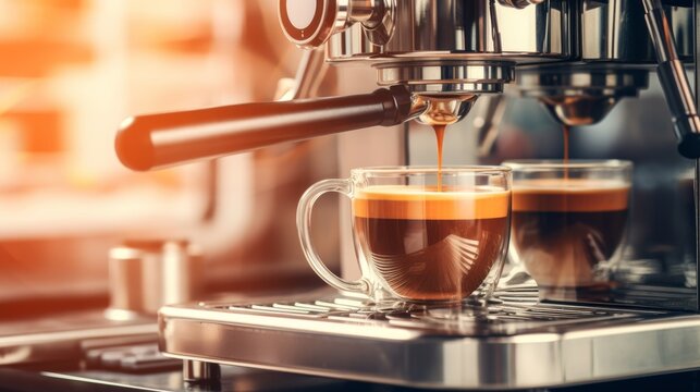 The espresso machine pours fresh black coffee into a glass coffee cup.