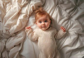 Fototapeta premium Cute baby in a messy bed sunlight, top view