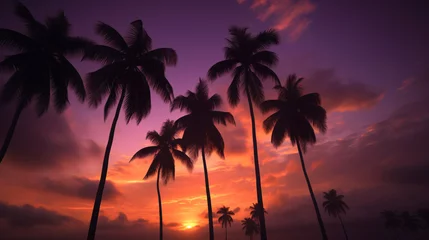 Papier Peint photo Bordeaux palm trees silhouetted against a vibrant sunset. 
