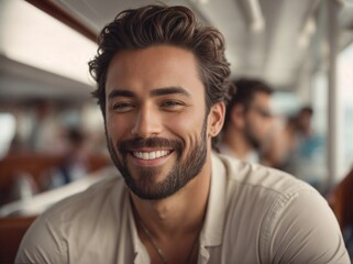 Obraz premium Smiling Man With a Beard Radiating Positivity and Happiness. Generative AI.