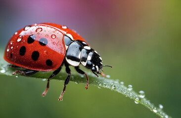 A ladybug with water drops sits on a green leaf.