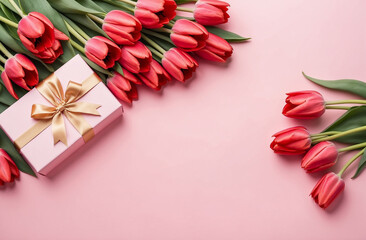 Holiday concept. Top view of red tulips and gift on isolated pastel pink background with copy space