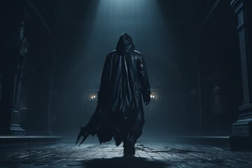 Back view of Hooded figure stalking in dark hall, appearing menacing and lost - obrazy, fototapety, plakaty