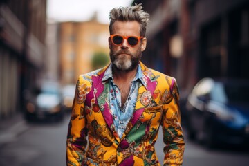 Portrait of a handsome fashionable man with a beard and mustache wearing a colorful jacket and sunglasses on a city street.