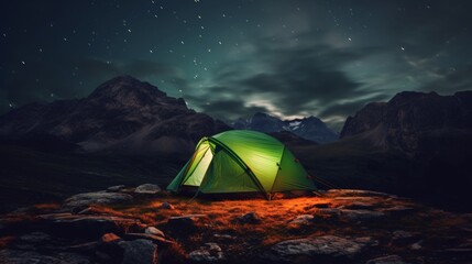Bright green tent on a mountain top under a starry night sky.