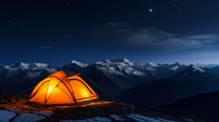 Bright orange tent on a mountain top under a starry night sky.