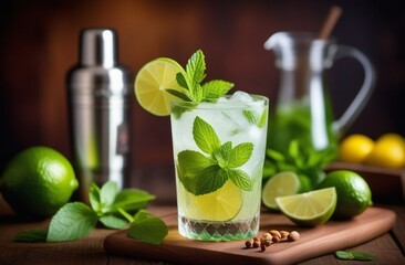 Glass with mortar and ingredients for preparing mojito on table. Generative Ai