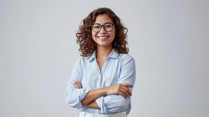 woman with short blonde hair and a confident smile is wearing a white shirt and stands with her arms crossed against a light grey background