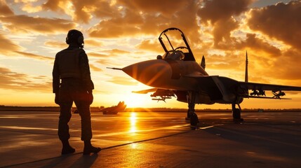 Silhouette of a pilot with a jet fighter. - obrazy, fototapety, plakaty