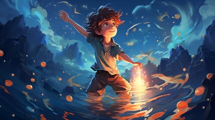 a young boy in water with lights and stars