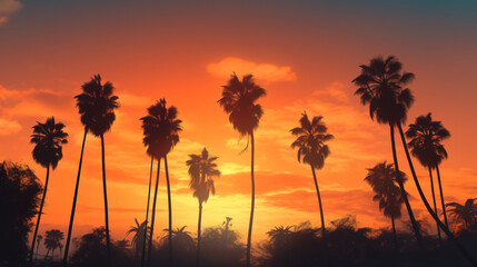 palm trees silhouetted against a vibrant sunset. 