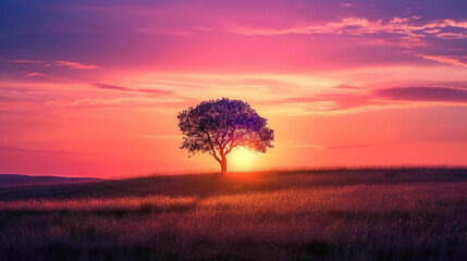 A solitary tree standing tall against a vibrant sunset, symbolizing resilience and strength.