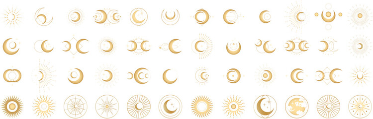 Circle pattern set with clouds, moon, sun, stars. Sun, moon phases, crystals, magic symbols. Vector...