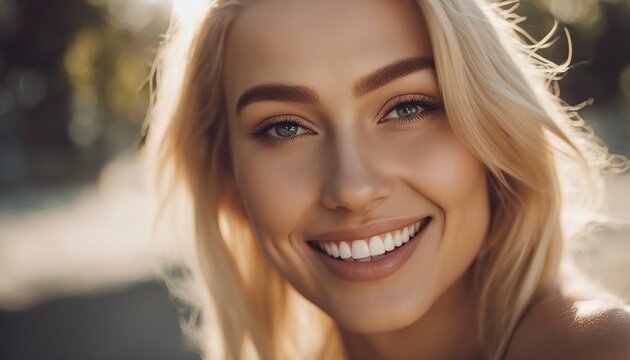 Selfie picture of a young happy healthy blonde woman, smiling girl for motivation and wellness
