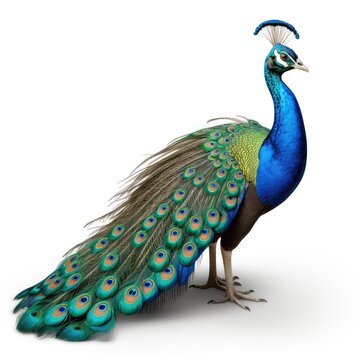 Peacock bird with colorful feathers isolated on white background