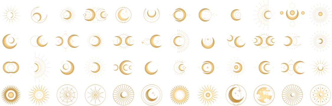 Circle pattern set with clouds, moon, sun, stars. Sun, moon phases, crystals, magic symbols. Vector collection in oriental chinese, japanese, korean style. Line hand drawn illustration