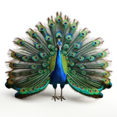 Fototapeta premium Peacock bird with colorful feathers isolated on white background