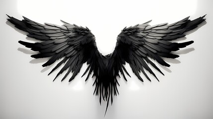 The striking contrast of black angel wings against a pure white background, capturing the essence of celestial beauty and allure