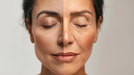 close-up of a woman's face showing a comparison between youthful skin on one side and aged skin...