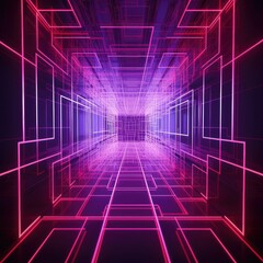 An abstract futuristic background with a glowing violet red neon-lit virtual room.