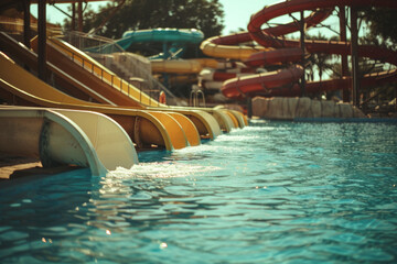 A snapshot of a water park, with retro vintage stylized, conveying emotion of cinematography...