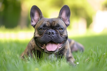 Fototapeta premium Relaxing French Bulldog Enjoys A Peaceful Moment On The Grass
