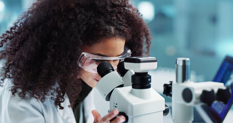 Laptop, woman or scientist in lab with microscope or research for chemistry report or medical test....