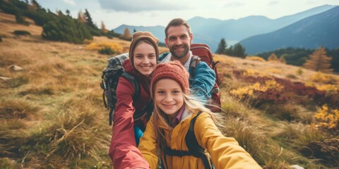Family Takes Selfie During Hike In The Mountains