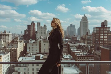 Fototapeta na wymiar Stylish Rooftop Fashion Shoot With Breathtaking City Skyline