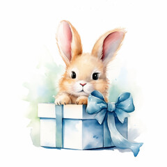 Watercolor Easter cute bunny looking out from a gift box isolated on white background. Watercolor painted realistic clip art for ads, banners and poster design