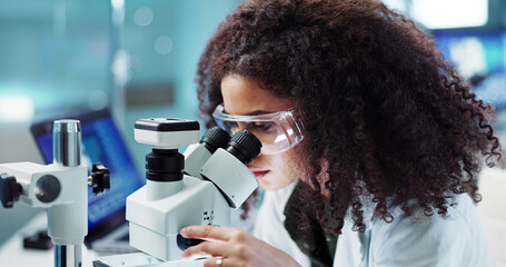 Laptop, woman or scientist in lab with microscope or research for chemistry report or medical test....
