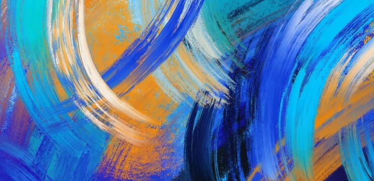 Abstract blue, orange, white, and black brush stroke artsy illustration background isolated on horizontal ratio template. Social media post, website backdrop, poster print or brochure background.