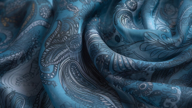 Background texture, pattern. Blue paisley silk chiffon mod fabric by the yard