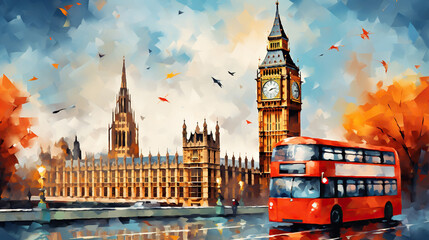 a picture on canvas of a bus on the street of a London - obrazy, fototapety, plakaty