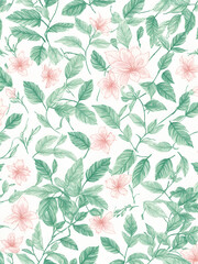 Fondo abstracto de hojas y flores sobre fondo blanco. Vista de frente y de cerca. IA Generativa