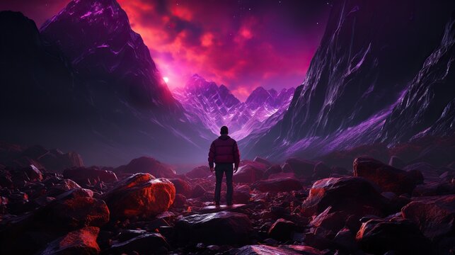 a person stands near rocks with purple and pink glow in the sky