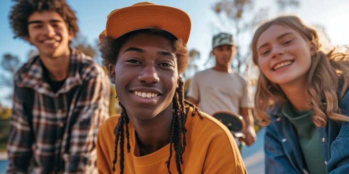 Diverse Group Of Youth Connecting And Building Friendships At An Urban Skate Park