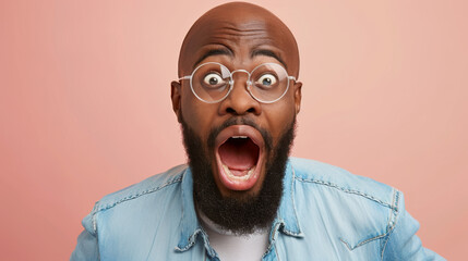 close-up of a young man with a beard wearing round glasses and a denim shirt, looking surprised with his mouth wide open against a pink background - obrazy, fototapety, plakaty