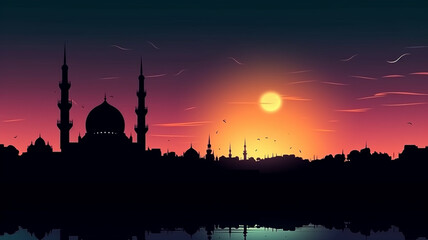 Mosque sunset sky, moon, holy night, islamic night and silhouette mosque
