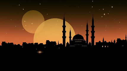Mosque sunset sky, moon, holy night, islamic night and silhouette mosque