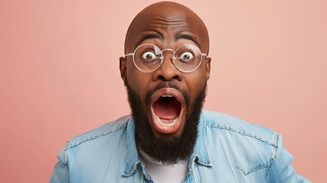 close-up of a young man with a beard wearing round glasses and a denim shirt, looking surprised with his mouth wide open against a pink background